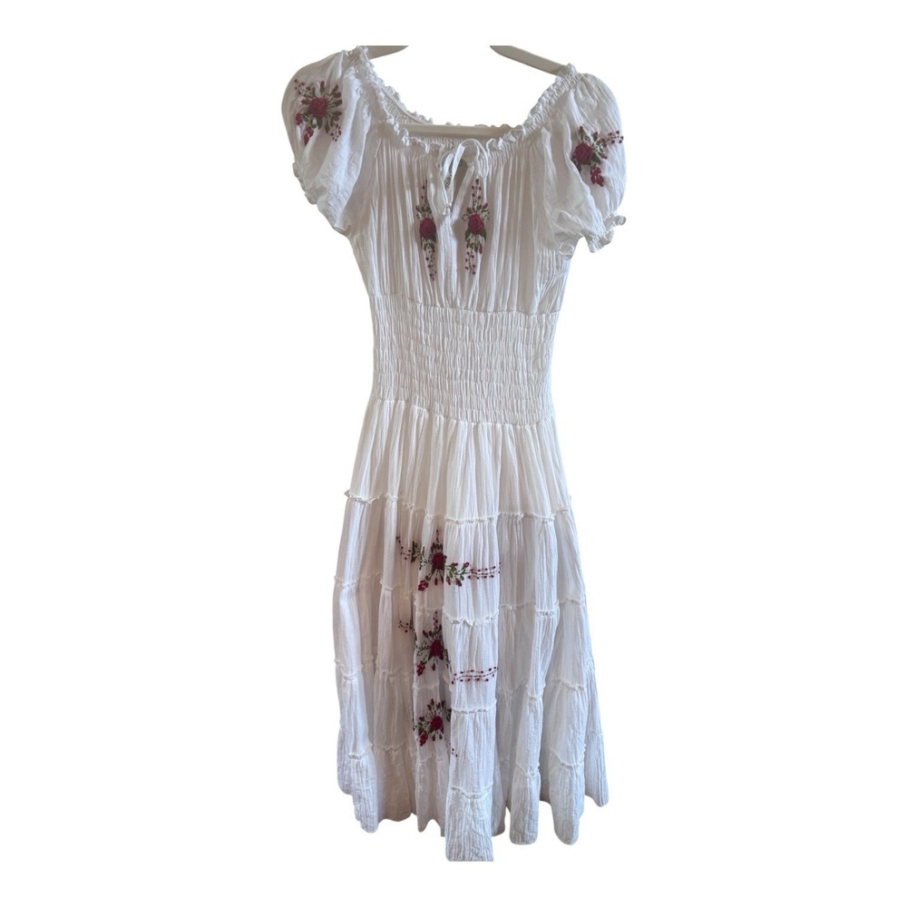 NWT Carvanserai White Peasant Smocked Waist Rose Embroidery Midi Dress Sz XXS